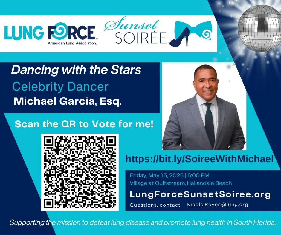 Flyer: Lung Force Sunset Soirée — Dancing with the Stars, celebrity dancer Michael Garcia, Esq., May 15, 2026, Village at Gulfstream, Hallandale Beach