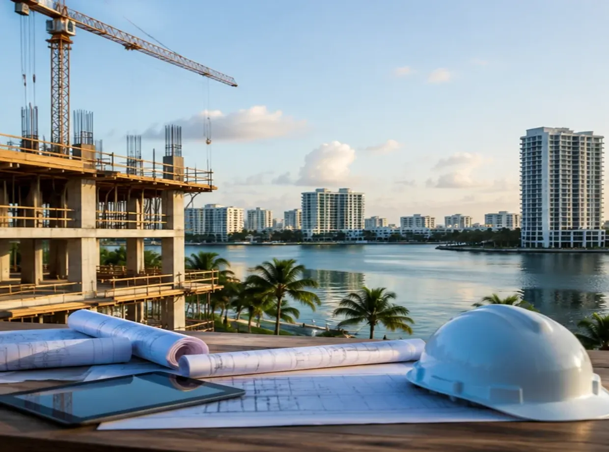 Un edificio en construcción junto a un canal de Fort Lauderdale, con planos y un casco blanco sobre una mesa en primer plano