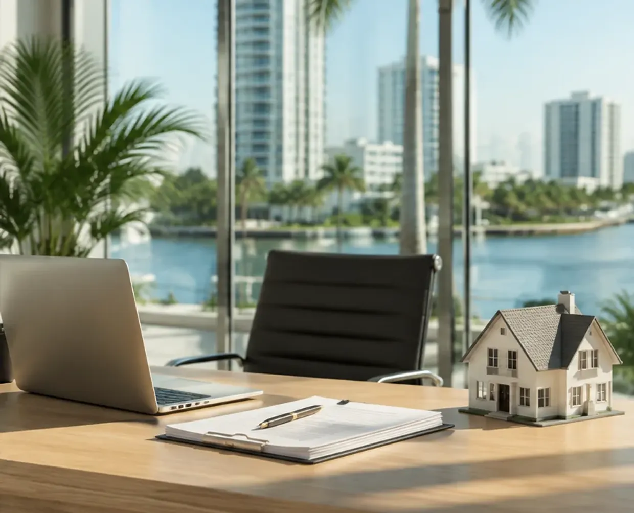 Un escritorio con una computadora portátil, un portapapeles y una maqueta de casa en una oficina con vista a un canal y a edificios altos