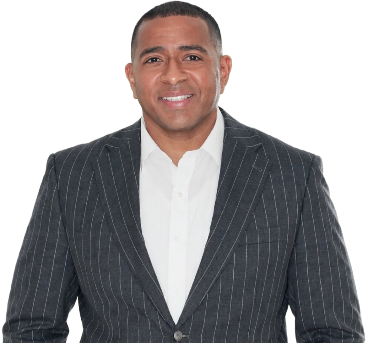 Attorney in a gray pinstripe suit, smiling